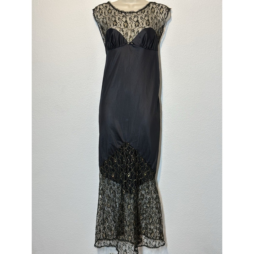Black Gold Midi Slip Dress Large Hollywood Glam Lace‎ Fairy Coquette Whimsigoth